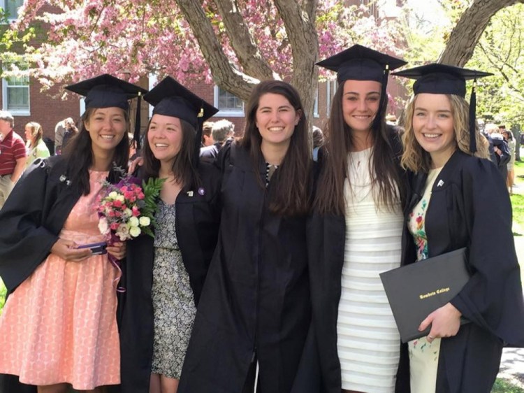 Friends, from left, Molly Sun, Oriana Farnham, Callie Ferguson, Nina Underman and Emily Tucker pose together after receiving their diplomas from Bowdoin College in May.