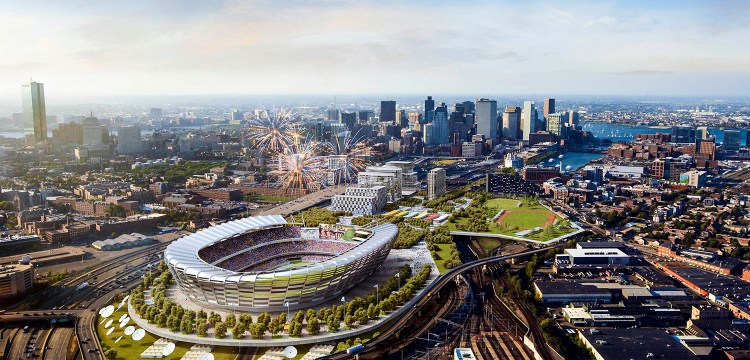 This architect's rendering released by the Boston 2024 planning committee shows an Olympic stadium that is proposed to be built in Boston if the city is awarded the Summer Olympic games in 2024. 