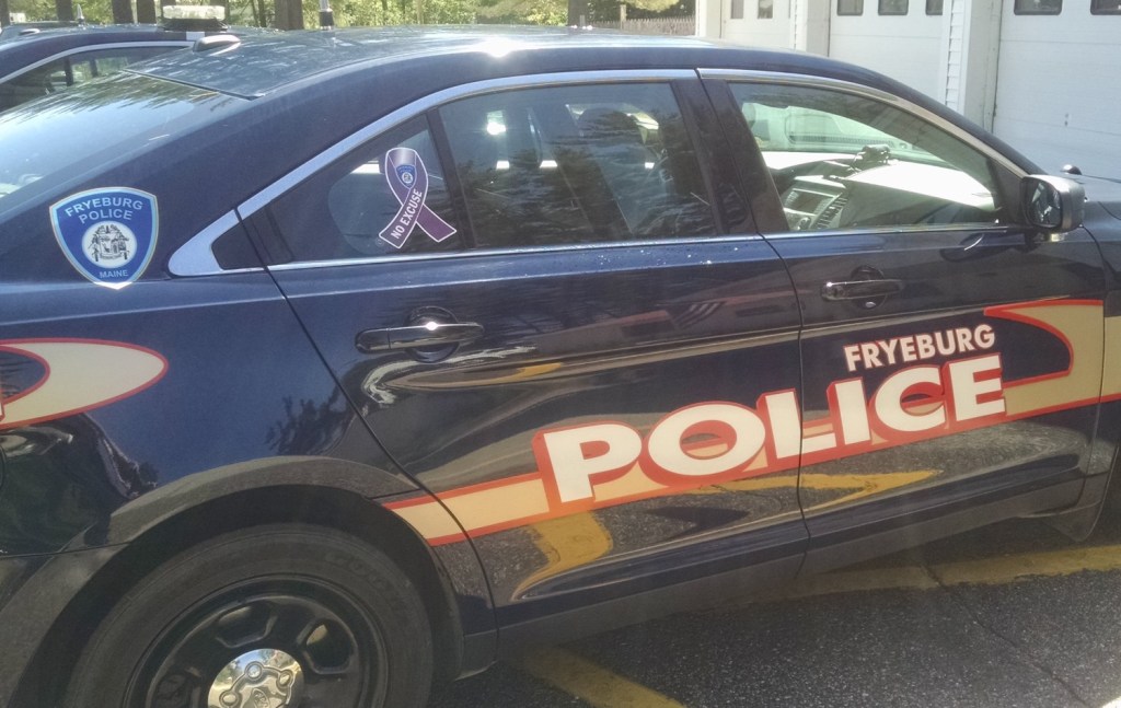 Fryeburg police have added purple ribbon-shaped decals to their cruisers to raise awareness about domestic violence.