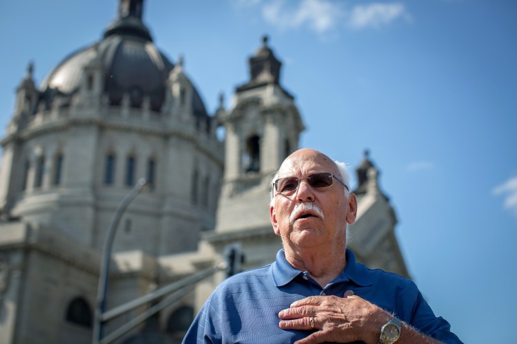 Frank Meuers, director of the southern Minnesota chapter of Survivors Network of those Abused by Priests, speaks to the media about criminal charges against the Archdiocese of Saint Paul and Minneapolis recently. Jennifer Simonson/Minnesota Public Radio via AP