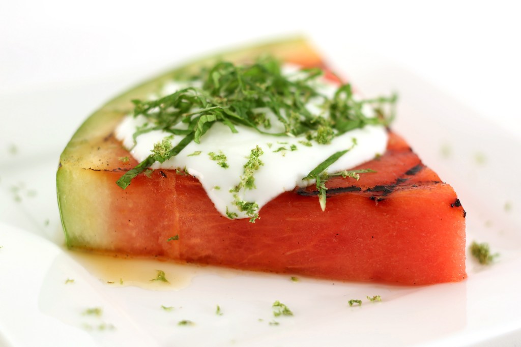 Grilled watermelon with lime, mint honey, and yogurt