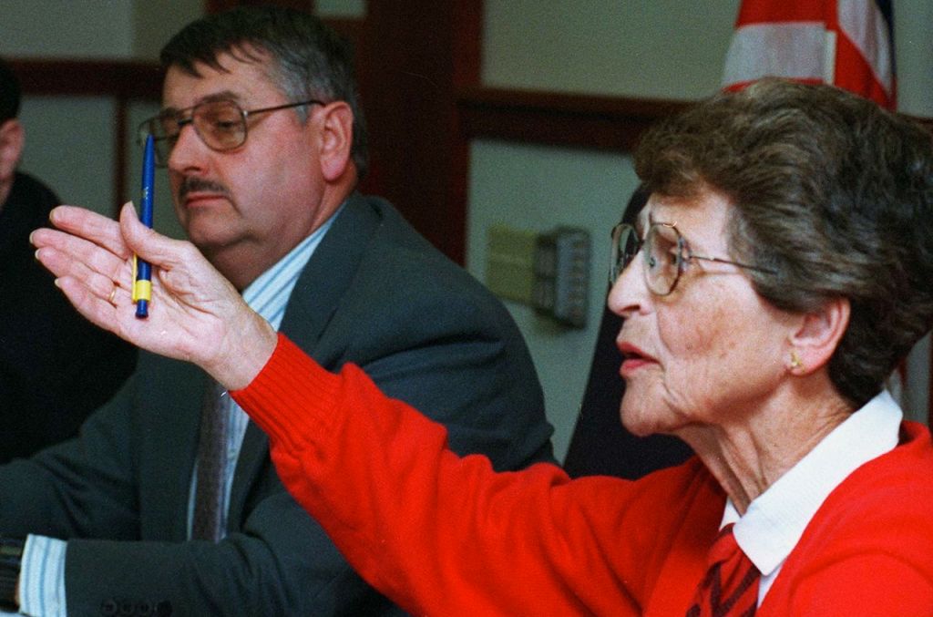Esther Clenott, then-Cumberland County Commissioner, questions June Koegel, CEO of Volunteers of America, during a public hearing on the organization. in this 1997 photo. Press Herald file