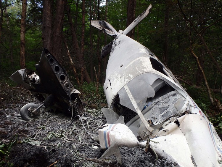 A small plane registered to a man from Biddeford crashed in the woods in North Hampton, N.H., after takeoff from Hampton Airfield on Sunday. Photo courtesy of North Hampton Police Department.