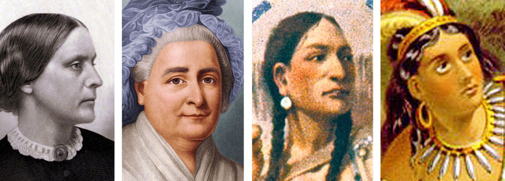 Women who have appeared on U.S. currency include, from left, Susan B. Anthony, Martha Washington, Sacagewea and Pocahontas.