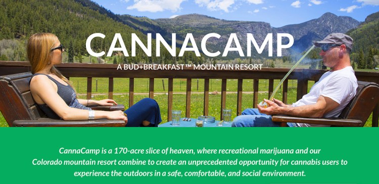 A screen image of the CannaCamp homepage shows campers enjoying a toke amid the great outdoors.