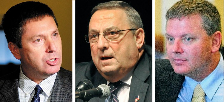 From left: Republican House leader Kenneth Fredette, Gov. Paul LePage and Senate President Michael Thibodeau.