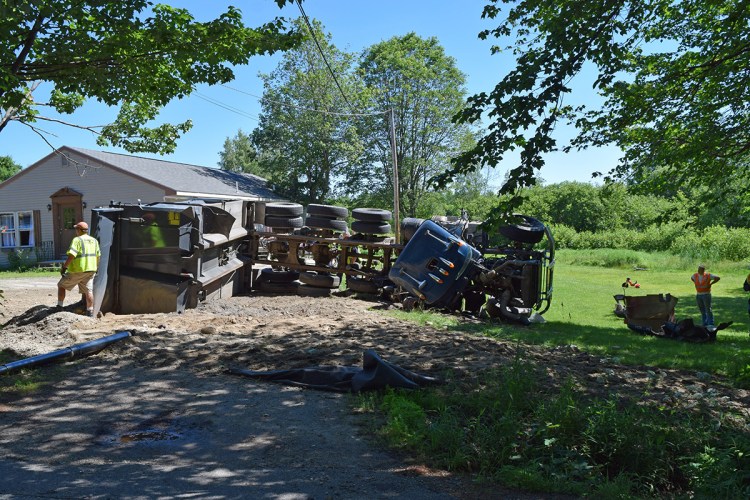 The driver of this dump truck, Philip Mackerron, 57, was taken to Maine Medical Center with minor injuries. Gorham Police Department photo