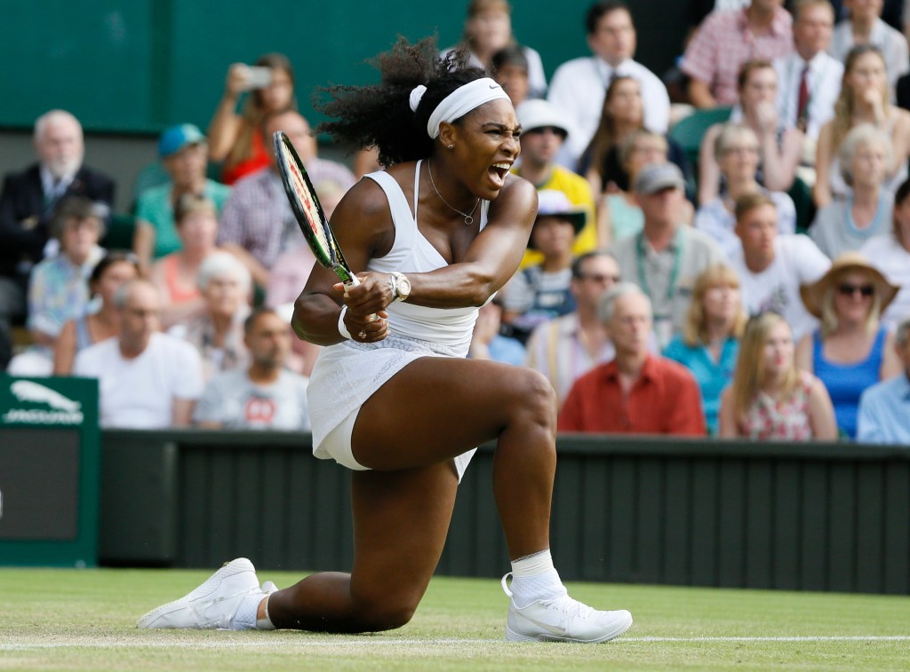 Serena Williams of the United States  celebrates winning a point against Heather Watson of Britain at the All England Lawn Tennis Championships in Wimbledon, London, on Friday. The Associated Press