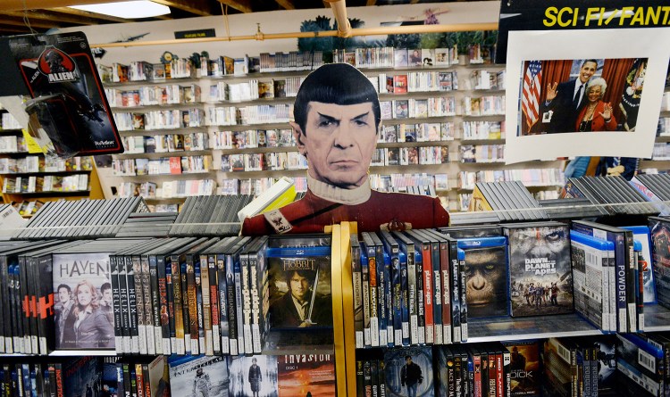 A cardboard cutout of Mr. Spock from "Star Trek" is on display in the science fiction section at Videoport in Portland on Wednesday.