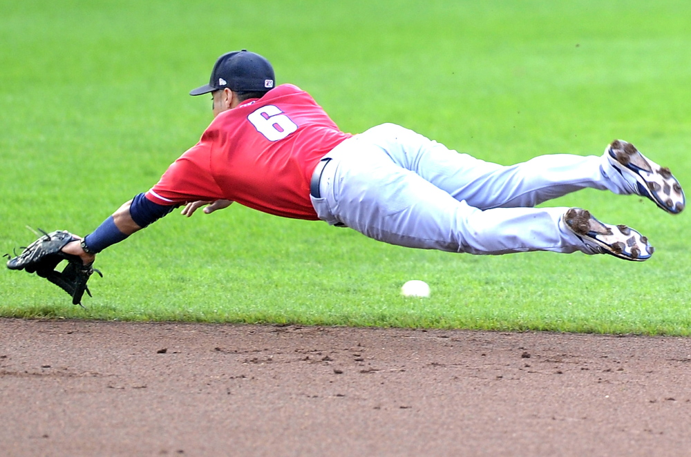 Jorge Florez of the New Hampshire Fisher Cats gives an all-out effort but the ball eludes him for a single Wednesday night at Hadlock Field. The Portland Sea Dogs collected seven hits but couldn’t score in yet another frustrating loss, 2-0.