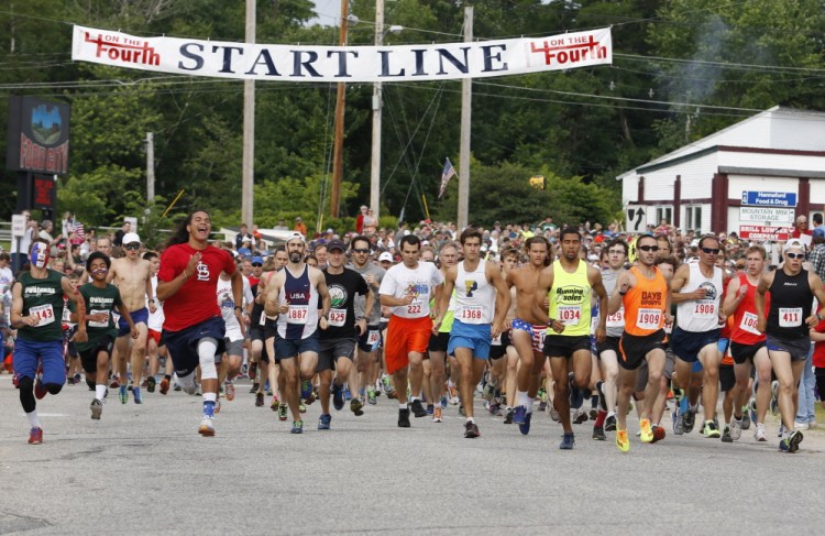 It was crowded at the starting line for the 39th annual Bridgton 4 on the Fourth on Saturday morning in Bridgton, where exactly 2,000 runners, many sporting red, white and blue, finished the 4-mile road race.
