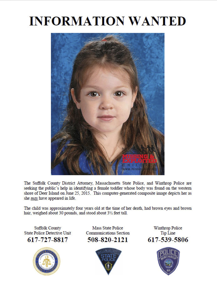 This flyer released in July by the Suffolk County Massachusetts District Attorney includes a computer-generated composite image depicting the possible likeness of a young girl, whose body was found on the shore of Deer Island in Boston Harbor on June 25, inside a bag that also contained a black and white zebra-print blanket.
