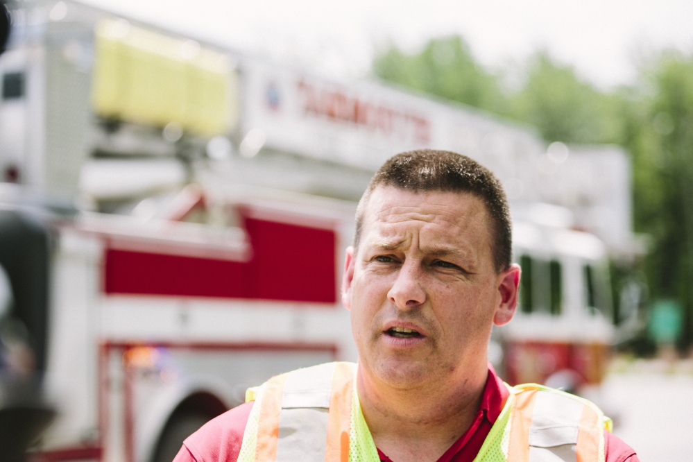 YARMOUTH, ME - JULY 8: Yarmouth Fire Chief Michael Robitaille speaks to media after a Dennis K Burke fuel tanker full of diesel catches fire at the Exit 15 Yarmouth Park and Ride in Yarmouth, ME on Wednesday, July 8, 2015. (Photo by Whitney Hayward/Staff Photographer)