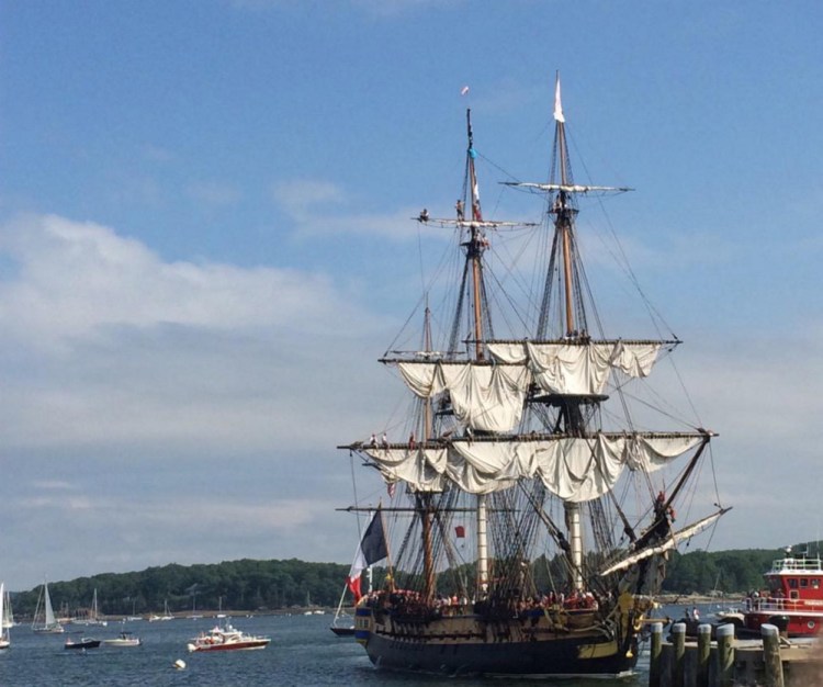 A full-size replica of the Hermione, the ship that carried the Marquis de Lafayette to America in 1780, sails into Castine on Tuesday afternoon.