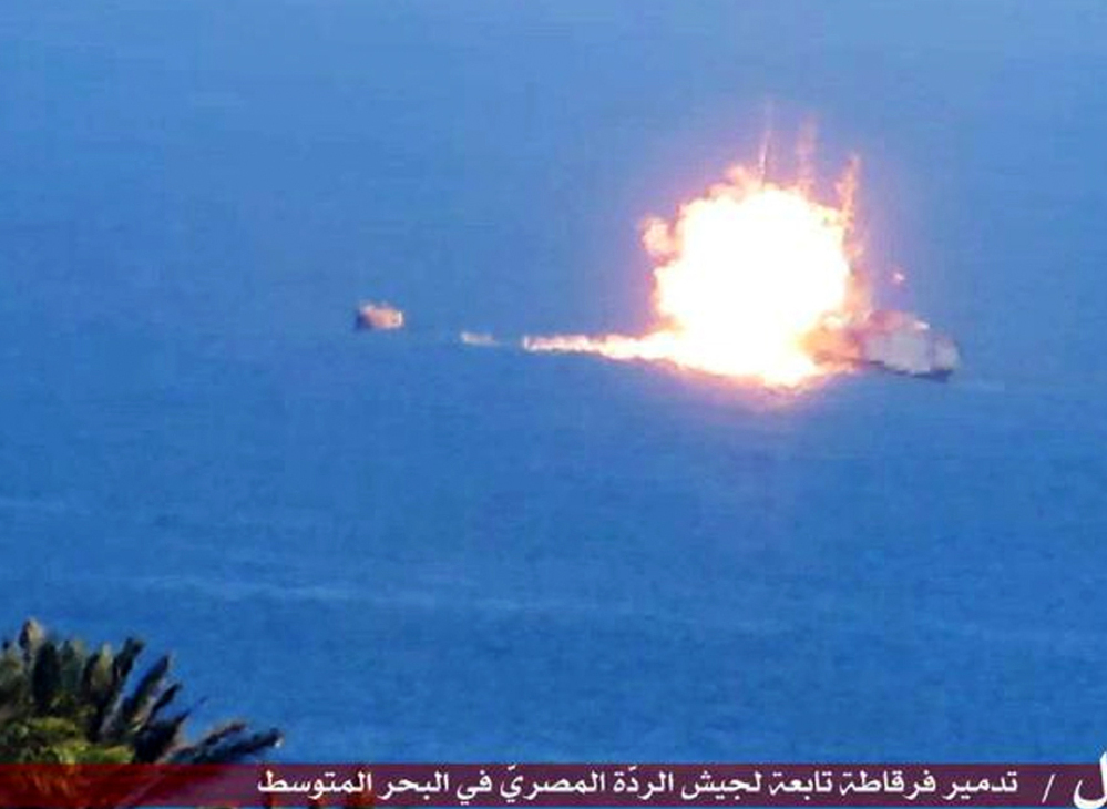 Image posted on a social media account for the Sinai branch of the Islamic State shows a rocket attack on an Egyptian navy vessel.