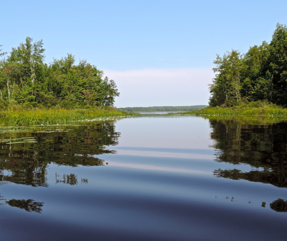 The serenity of Etna Pond, just a few miles east of Newport, is reflected in this view, looking north from the channel that leads into the southwestern portion of the pond.