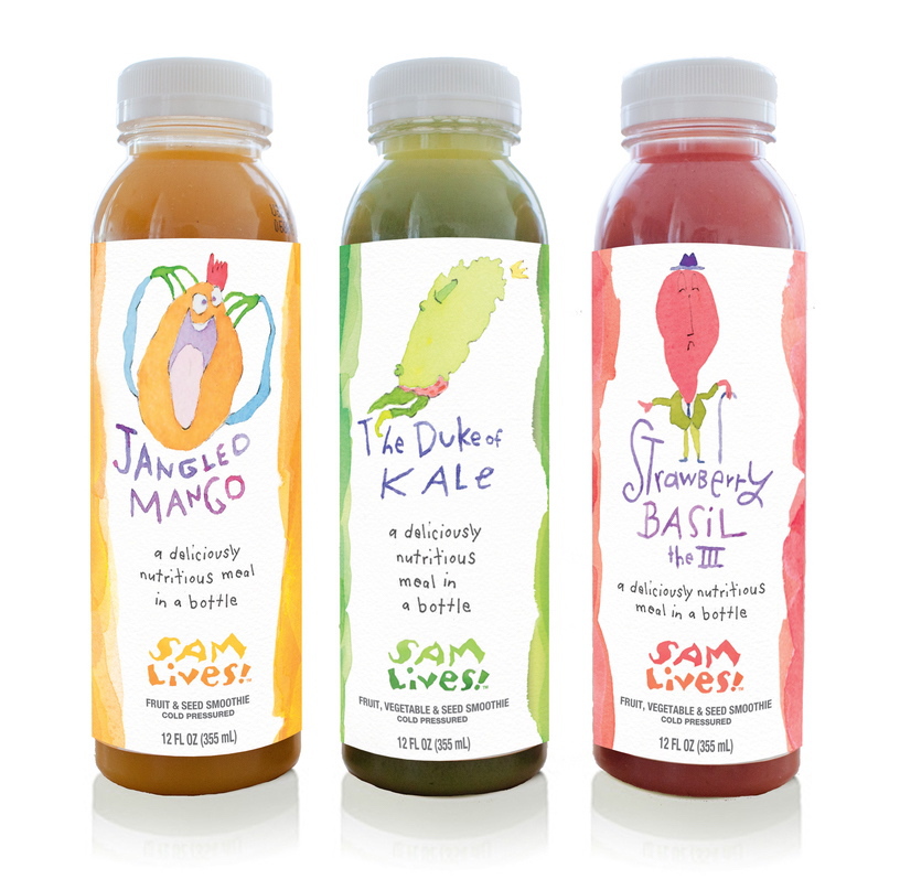 The new Sam Lives! smoothies come in three flavors, Jangled Mango, The Duke of Kale and Strawberry Basil the III.
