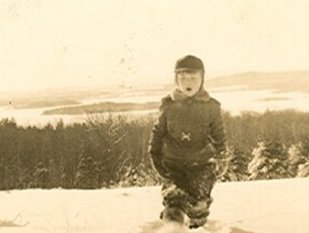 Left: A plane on the upper runway on Rosanne Graef’s family land in Wayne in a photo likely from the 1990s. Right: Graef, as a child on family land, which has views of Lake Androscoggin and beyond.