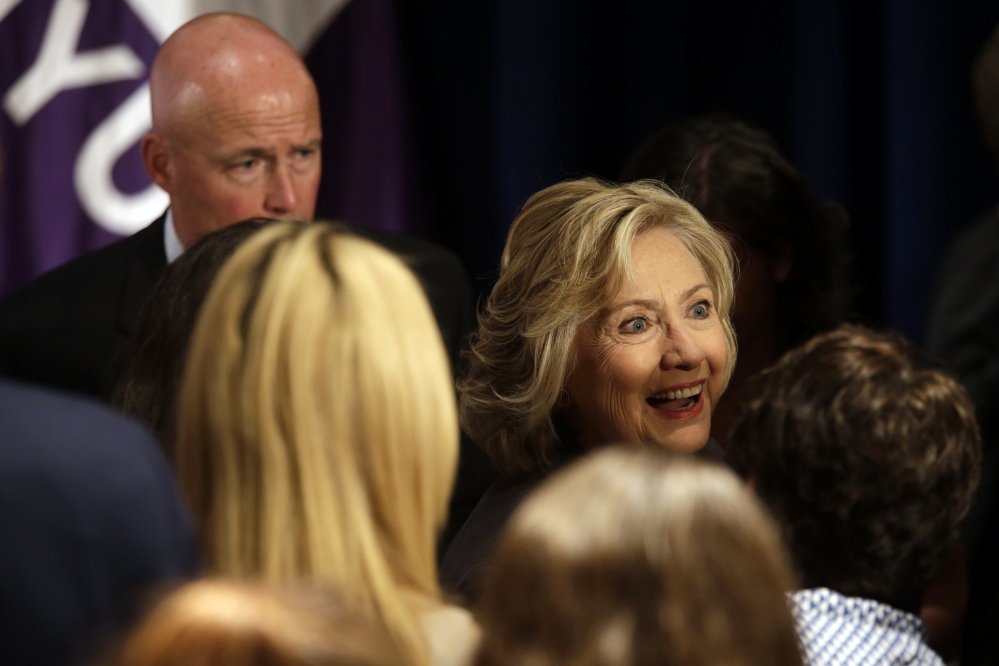 Democratic presidential hopeful Hillary Rodham Clinton greets supporters after delivering a speech, Friday at the New York University Leonard N. Stern School of Business in New York.