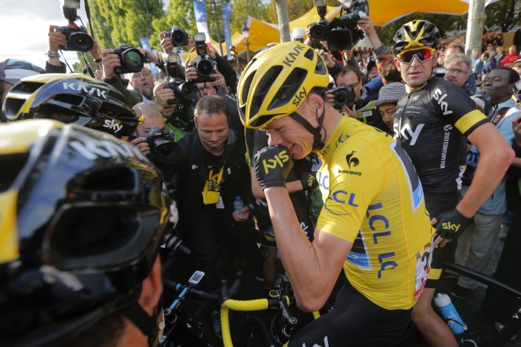 2015 Tour de France cycling race winner Britain’s Chris Froome celebrates after the twenty-first and last stage of the Tour de France cycling race over 109.5 kilometers (68 miles) with start in Sevres and finish in Paris, France, Sunday.