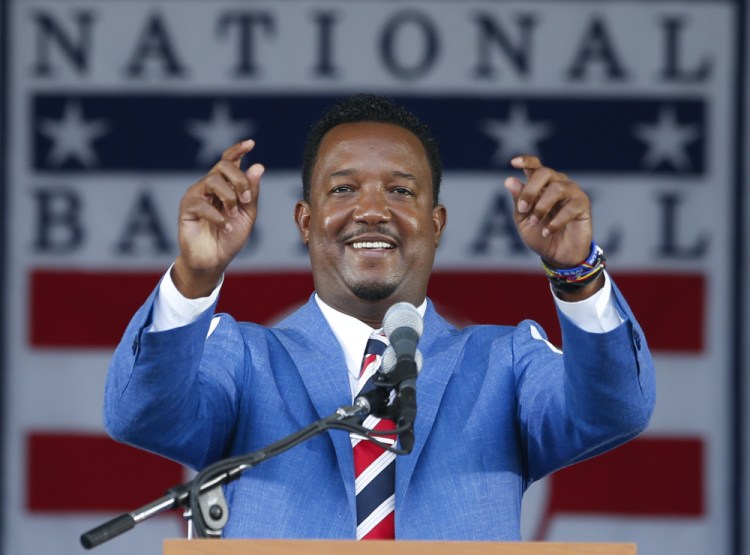 National Baseball Hall of Fame inductee Pedro Martinez speaks during Sunday's induction ceremony at the Clark Sports Center on Sunday in Cooperstown, N.Y.