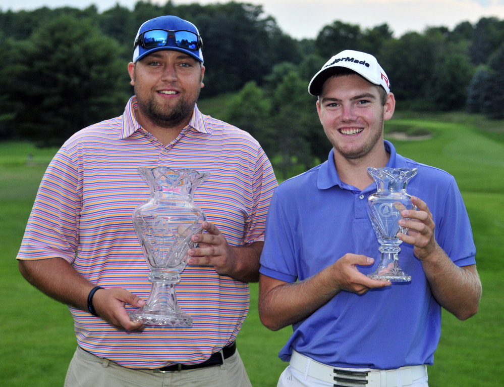 Matthew Campbell, left, won the professional division and Sam Grindle was first amateur at the end of the second day of the Charlie’s Maine Open on Tuesday at Augusta Country Club in Manchester.