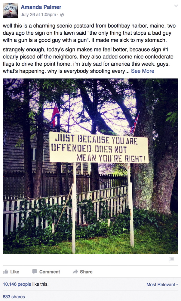 Amanda Palmer photographed this Linc Sample sign while vacationing in Maine and posted it on her Facebook page.