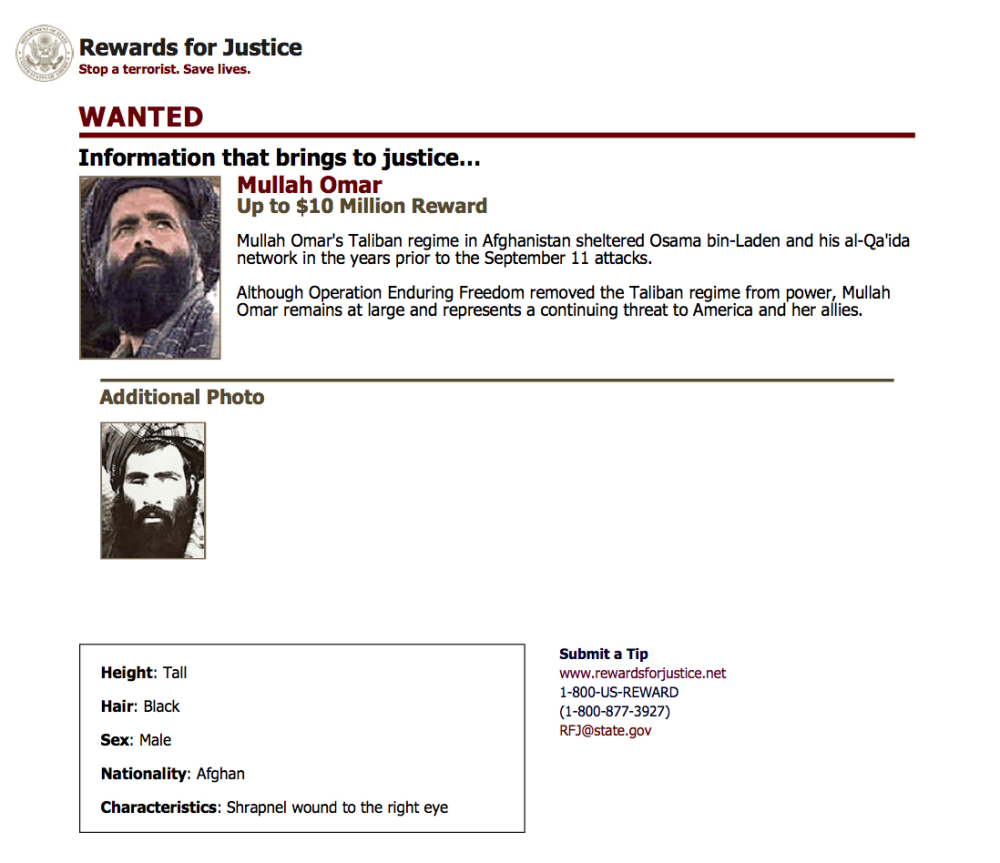FILE - In this undated image released by the FBI, Mullah Omar is seen in a wanted poster. An Afghan official says his government is examining claims that reclusive Taliban leader Mullah Omar is dead. The Taliban could not be immediately reached for comment on the government’s claims about Omar, who has been declared dead many times before.  (FBI via AP, File)