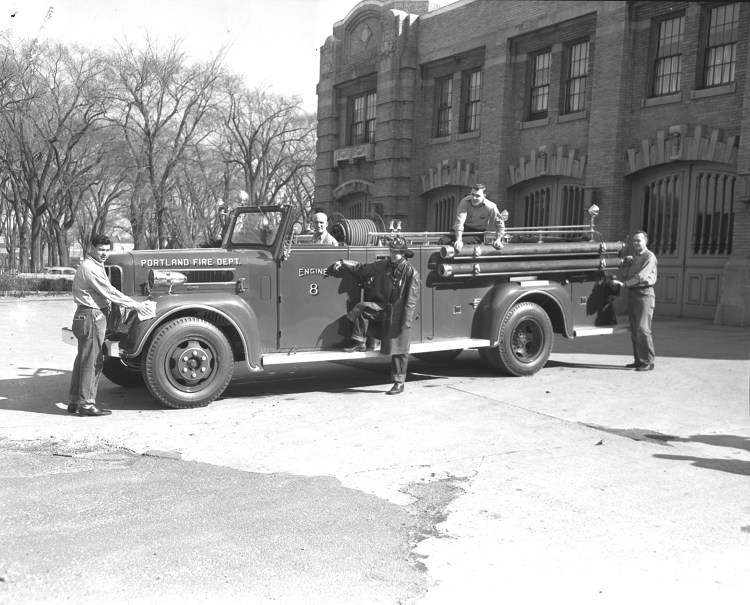 Portland Fire Department Engine 8, in front of central fire station on Congress Street, 1953.