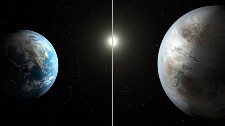 An artist's rendering from NASA showing a comparison between the Earth, left, and the planet Kepler-452b. It is the first near-Earth-size planet orbiting in the habitable zone of a sun-like star.