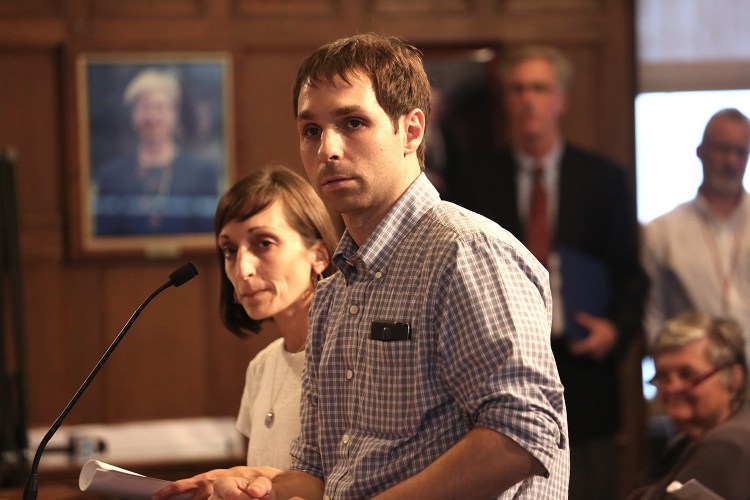 Nancy Shaw and Justin Olsen, seen speaking to the Portland City Council in 2015 about their proposed New England Cannabis Farmers Market, have filed a lawsuit claiming Maine's pending medical marijuana rules violate patients' privacy and force caregivers to divulge confidential patient information to the state.