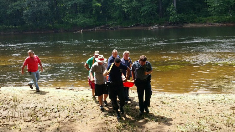 Fryeburg police rescue a man from the Saco River after his canoe tipped over. Photo Courtesy of the Fryeburg Police Department