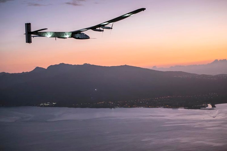 Solar Impulse 2 approaches Kalaeloa Airport near Honolulu, completing a 120-hour voyage from Japan.