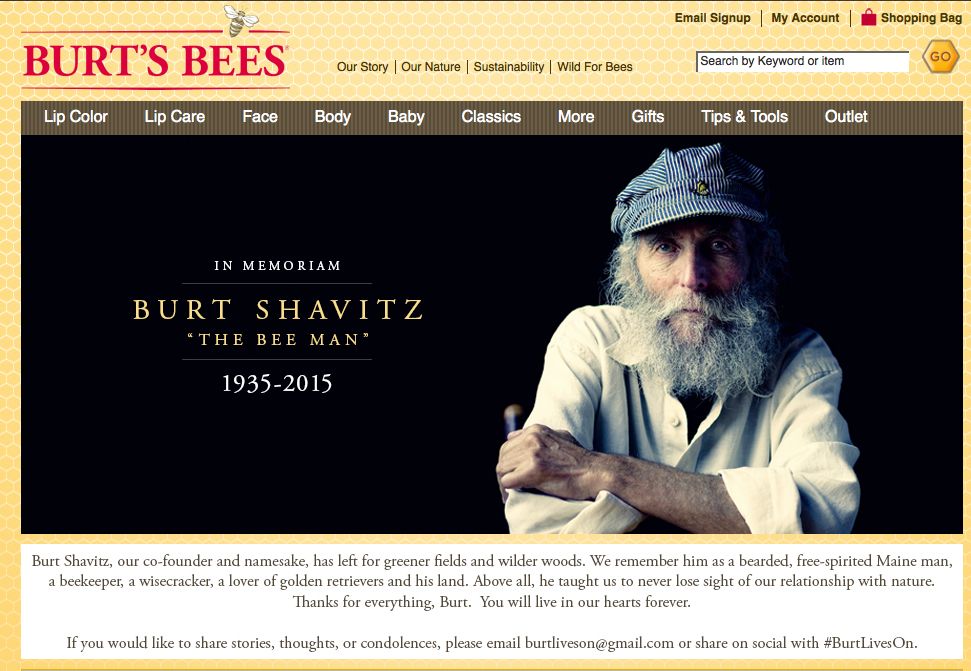 The homepage of Burt's Bees website features a memorial photo of Burt Shavitz. Screen image