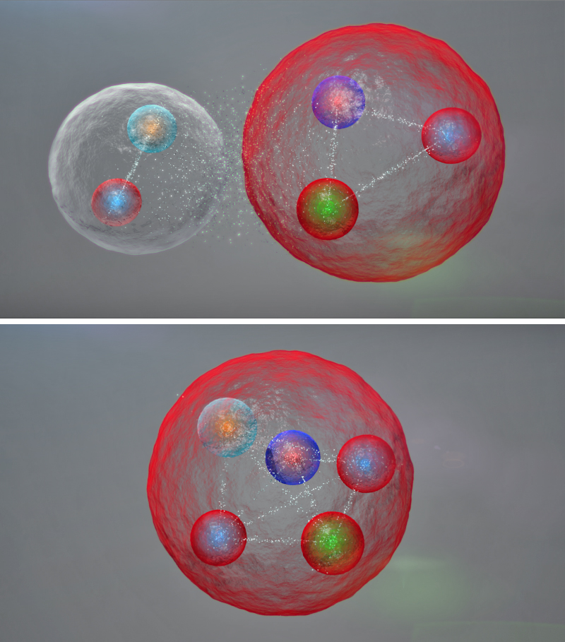 Illustration of the possible layout of the quarks in a pentaquark particle such as those discovered at CERN. They might be assembled into a meson (one quark and one antiquark, top image, left) and a baryon (three quarks), weakly bound together. The five quarks might also be tightly bonded, as above. CERN / LHCb Collaboration photo