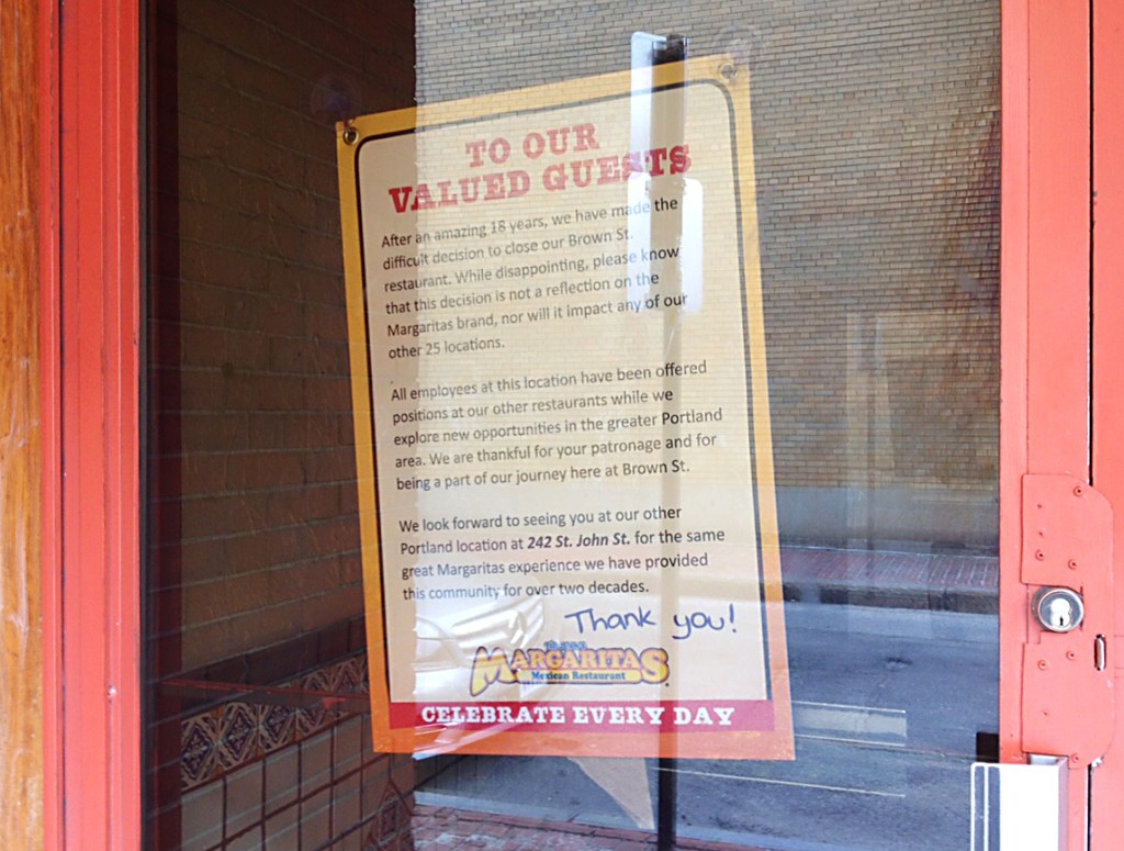 A signed posted on the door of Margaritas, on Brown Street, notifies customers of the business's closure . Jeffrey Blackwell/Online Content Producer