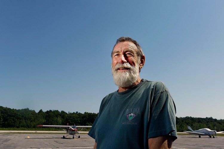 Richard Pate of Biddeford, shown at the Biddeford airport on Monday, hired a plane to fly banners over NFL commissioner Roger Goodell’s Scarborough home.