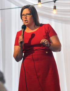 Emily Cain, of Orono, addresses Democrats at the Muskie Lobster Bake in Freeport. Andy Molloy/Staff Photographer