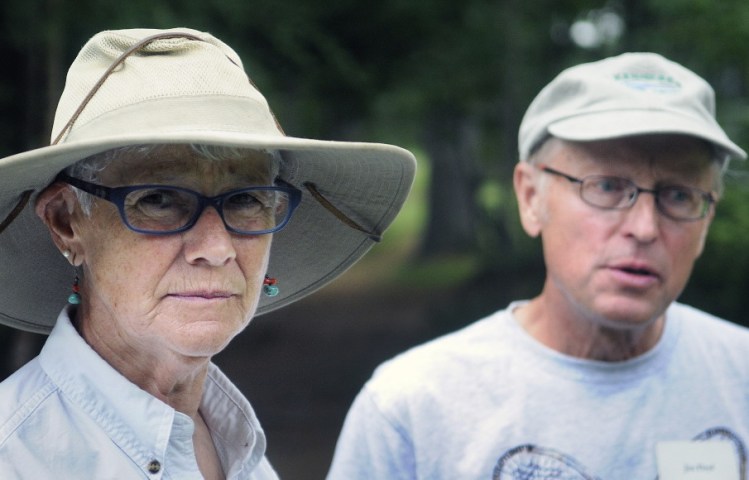 Muffy and Jim Floyd of Vienna who donated an easement around their property to the Kennebec Land Trust that pushed the organization’s holdings over the 5,000-acre mark, attend the meeting in Fayette on Sunday.