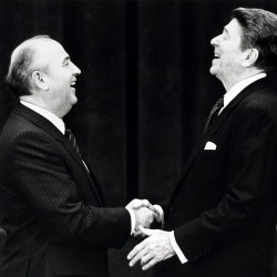 File photo of U.S. President Ronald Reagan shaking hands with Soviet leader Mikhail Gorbachev in Geneva
