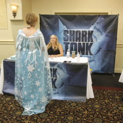 Christina Carlson of Massachusetts makes a pitch for a play called “The Ice Queen” to “Shark Tank” casting manager Mindy Zemrak during a casting call Wednesday in Portland. Casting agents for the reality TV show that rewards promising entrepreneurs with financing listened to pitches from more than 300 people. The show is looking for contestants for an upcoming season. Gregory Rec/Staff Photographer