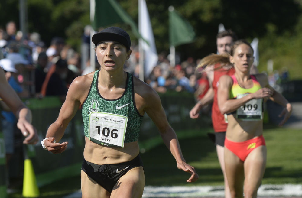 Alexi Pappas is the first American woman to cross the finish line of Saturday’s TD Beach to Beacon 10K.