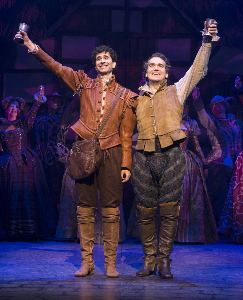 John Cariani, left, and Brian d’Arcy James portray a playwright and producer who see William Shakespeare as a rival, in the Broadway musical “Something Rotten!”