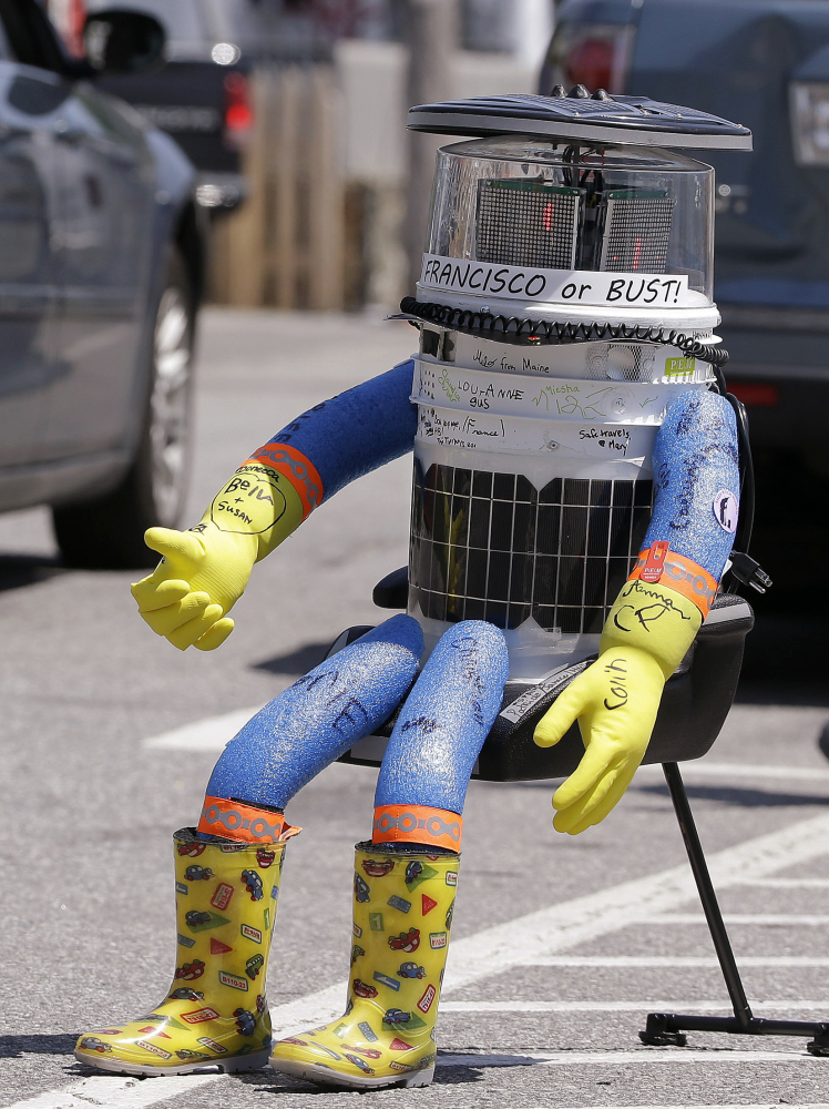 HitchBOT, hitchhikes in Marblehead, Mass., on July 17. The robot’s last driver says the video he has posted consists of surveillance footage.