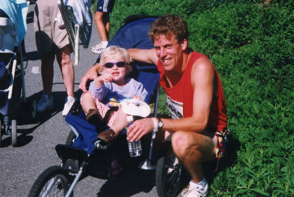 After the 1999 Beach to Beacon, 2-year-old Lily wore shades and I wore a hospital wristband. Lily’s brother Jacob, a week old, was in intensive care for a few days.