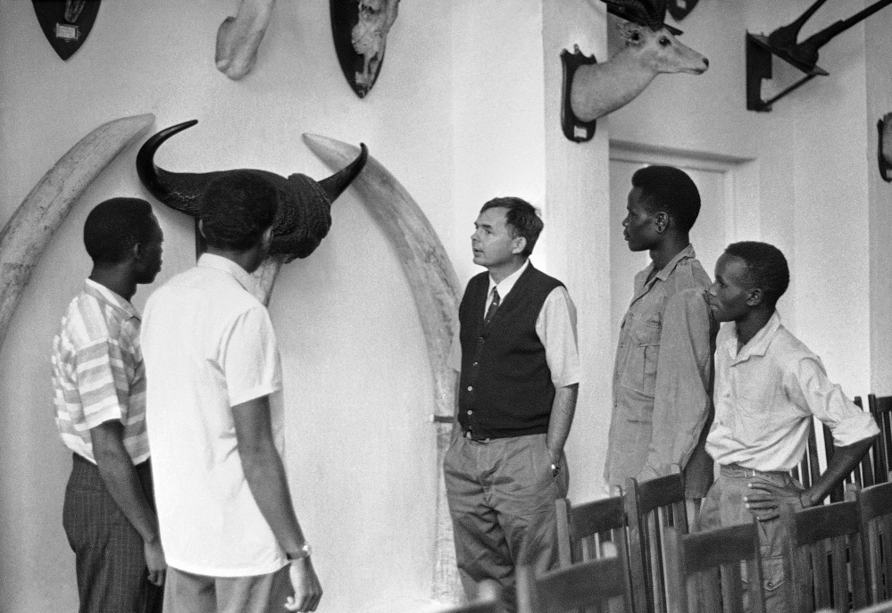 With his father’s trophies decorating the wall, Patrick Hemingway, third right, teaches future game wardens to conserve the big game that Ernest Hemingway pursued with passion on land and on sea when not writing famous novels or carousing in the hot spots of Key West, Fla., and Havana, Cuba.