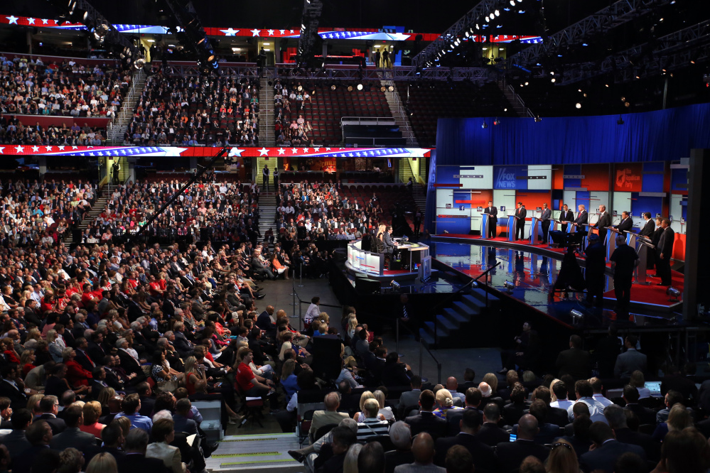 Candidates participate in the first Republican presidential debate at the Quicken Loans Arena in Cleveland, the same venue where the party will hold its nominating convention in July. The Secret Service announced Monday that only its agents and the Cleveland police will be allowed to bring in guns.