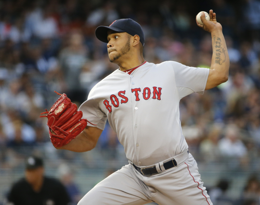 Red Sox starter Eduardo Rodriguez pitches in the first inning Thursday night against the New York Yankees. He got little support from Boston’s bats in a 2-1 loss.