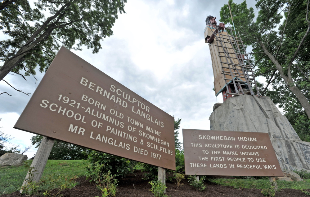 Langlais Park in Skowhegan, at the base of the Bernard Langlais Indian sculpture, will be dedicated in a ceremony Saturday. Skowhegan police are investigating an online threat calling for the sculpture to be burned down.
