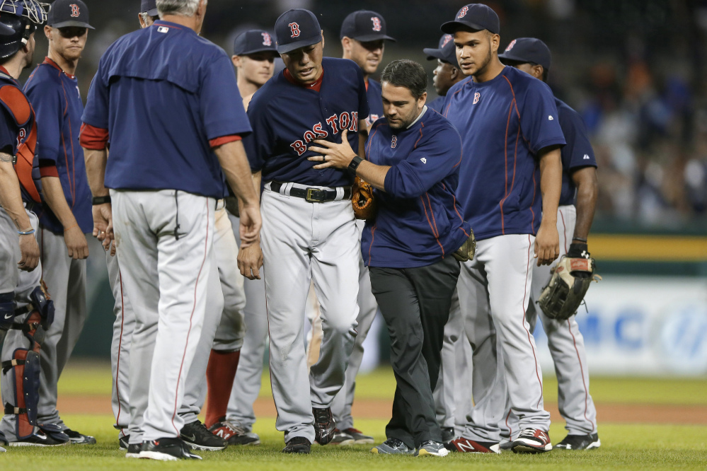 Red Sox relief pitcher Koji Uehara has a broken right wrist and will miss the remainder of the regular season, the team announced Monday. Uehara was hit by a line drive by Detroit’s Ian Kinsler on Friday.